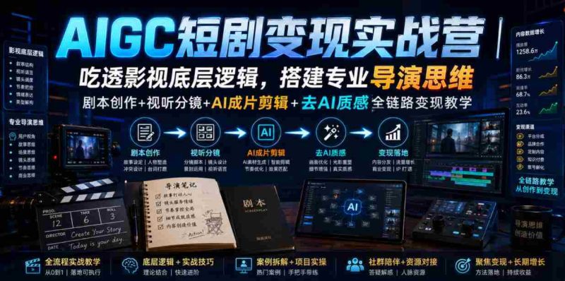 AIGC短剧变现实战营｜吃透影视底层逻辑，搭建专业导演思维，剧本创作+视听分镜+AI成片剪辑+去AI质感全链路变现教学-一起发