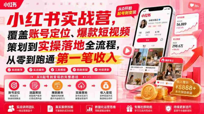 小红书实战营,覆盖账号定位、爆款短视频策划到实操落地全流程,从零到跑通第一笔收入-一起发