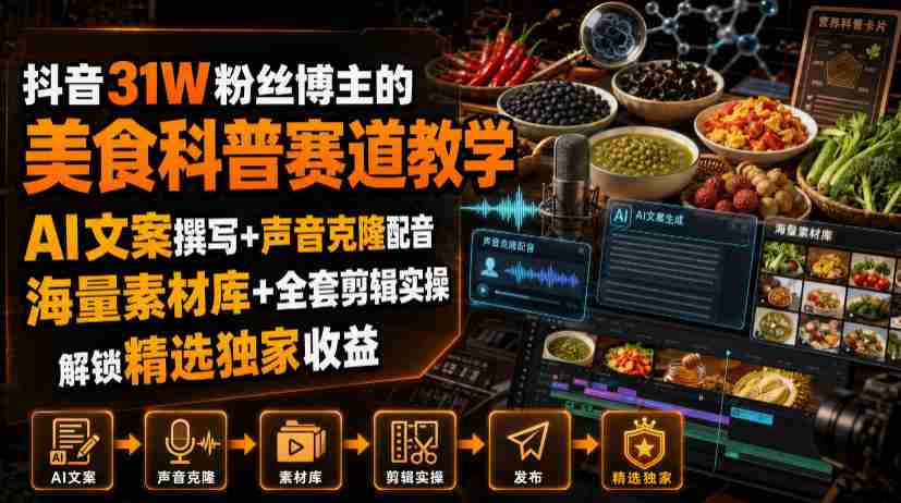 抖音31W粉丝博主的美食科普赛道教学，AI文案撰写+声音克隆配音+剪辑实操，解锁精选独家收益-一起发