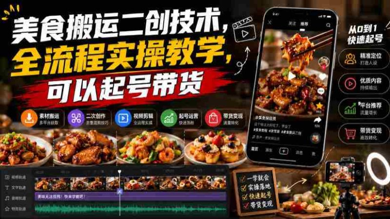 美食搬运二创技术，全流程实操教学，可以起号带货-一起发
