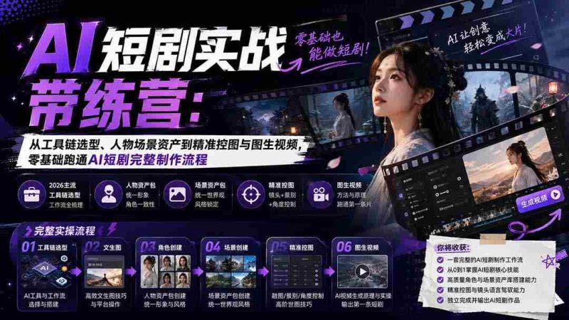 (20064期)AI短剧实战训练营:从工具链选型、人物场景资产到精准控图与图生视频,零基础跑通AI短剧完整制作流程-一起发