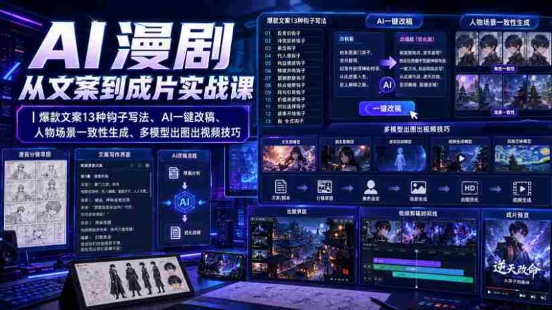 AI漫剧从文案到成片实战课|爆款文案13种钩子写法、AI一键改稿、人物场景一致性生成、多模型出图出视频技巧-一起发