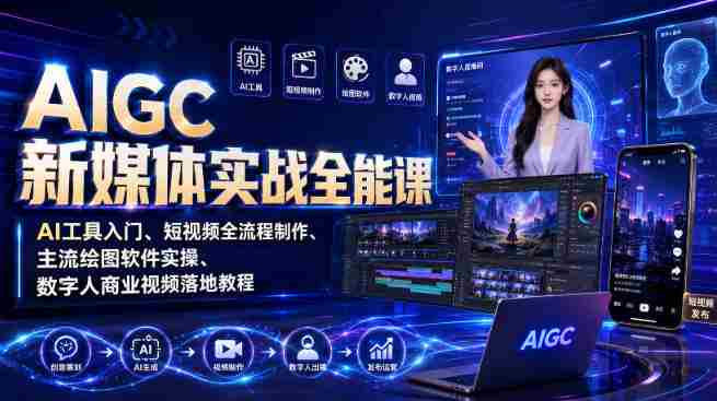 AIGC新媒体实战全能课|AI工具入门、短视频全流程制作、主流绘图软件实操、数字人商业视频落地教程