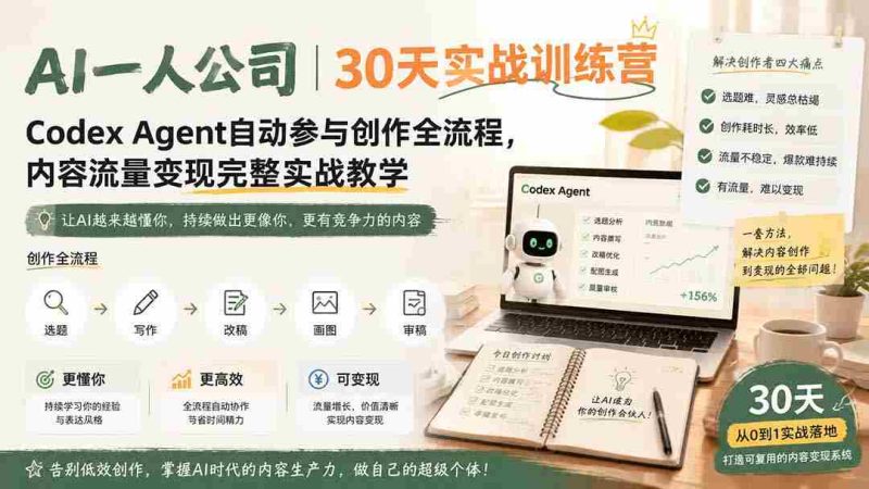 （19812期）AI一人公司｜30天实战训练营；Codex Agent自动参与创作全流程，内容流量变现完整实战教学-一起发