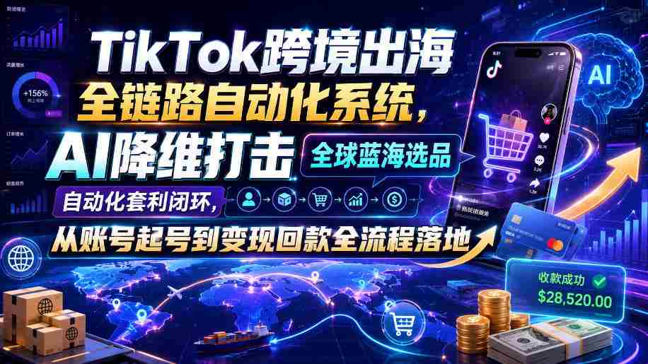 TikTok跨境出海全链路自动化系统，AI降维打击全球蓝海选品自动化套利闭环，从账号起号到变现回款全流程落地（2026年7月）-一起发