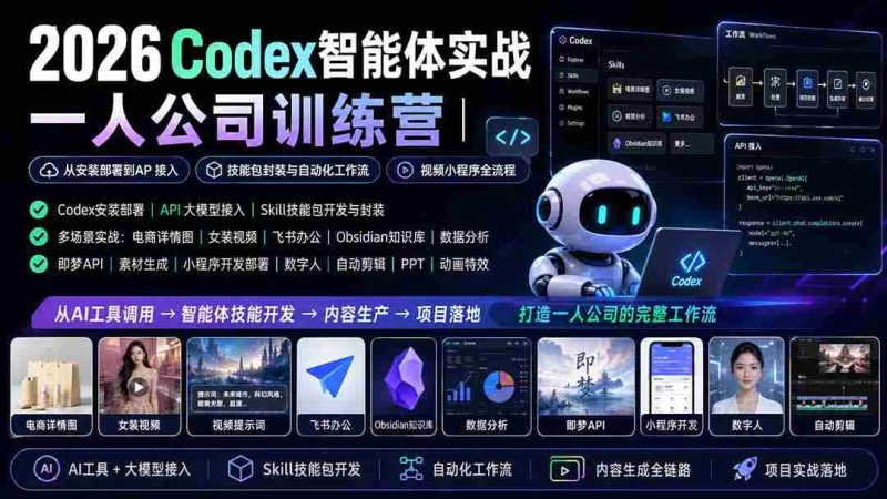 （19876期）2026Codex智能体实战｜一人公司训练营｜从安装部署到API接入｜技能包封装与自动化工作流｜视频小程序全流程-一起发