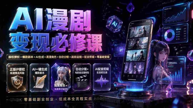 (19664期)AI漫剧变现必修课:版权授权×爆款剧本×AI生成×高清角色×自动分镜×高级运镜×配音剪辑×零基础变现-一起发