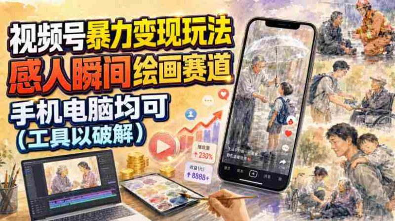 视频号暴力变现玩法，感人瞬间绘画赛道，手机电脑均可-一起发