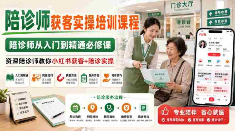 陪诊师获客实操培训课程,陪诊师从入门到精通必修课,资深陪诊师教你小红书获客+陪诊实操-一起发