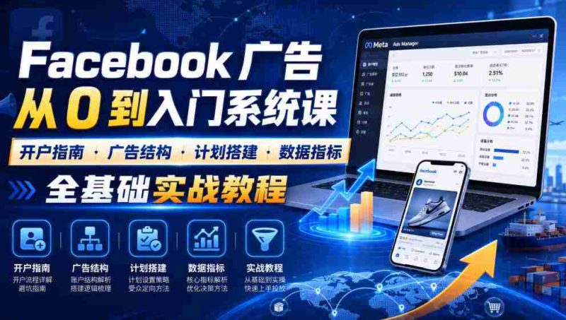 Facebook广告新手从0到入门系统课|开户指南・广告结构・计划搭建・数据指标全基础实战教程-一起发