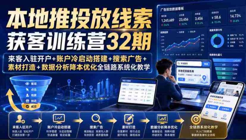 本地推投放线索获客训练营32期|来客入驻开户+账户冷启动搭建+搜索广告+素材打造+数据分析降本优化全链路系统化教学(8月全新课程)-一起发