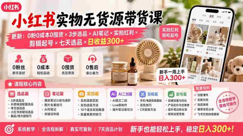 (19840期)小红书实物无货源带货课-更新:0粉0成本0囤货×3步选品×AI笔记×实拍红利×剪辑起号×七天选品×日收益300+-一起发