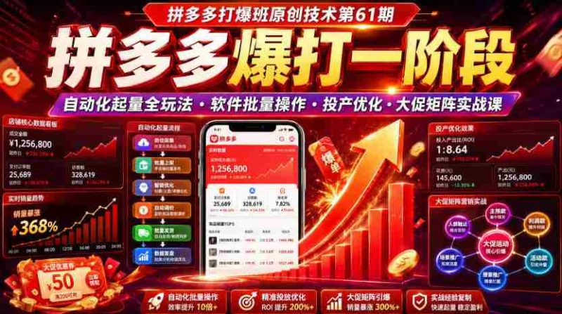 拼多多打爆班原创技术第61期，拼多多爆打一阶段，自动化起量全玩法・软件批量操作・投产优化・大促矩阵实战课-一起发