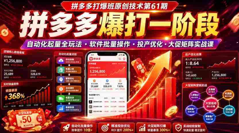 拼多多打爆班原创技术第61期，拼多多爆打一阶段，自动化起量全玩法・软件批量操作・投产优化・大促矩阵实战课-一起发