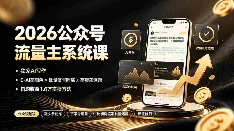 (19405期)2026公众号流量主系统课:独家AI写作×0-AI率润色×批量做号隔离×高爆率选题,日均收益1.6万实操方法-一起发