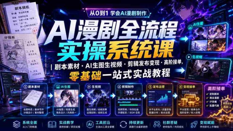 AI漫剧全流程实操系统课|剧本素材・AI生图生视频・剪辑发布变现・高阶接单,零基础一站式实战教程-一起发