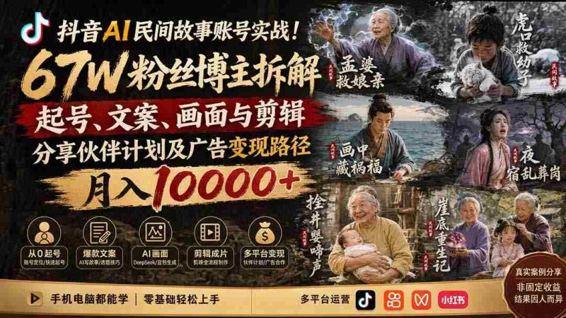 (19738期)抖音AI民间故事账号实战!67W粉丝博主拆解起号、文案、画面与剪辑,分享伙伴计划及广告变现路径,月入10000+-一起发
