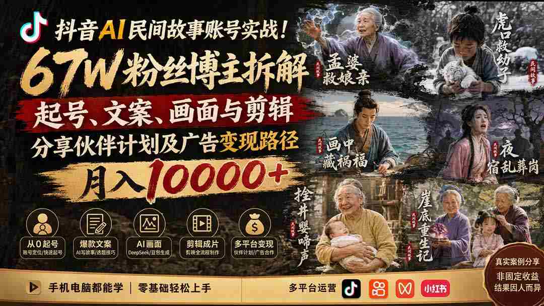 （19738期）抖音AI民间故事账号实战！67W粉丝博主拆解起号、文案、画面与剪辑，分享伙伴计划及广告变现路径，月入10000+-一起发