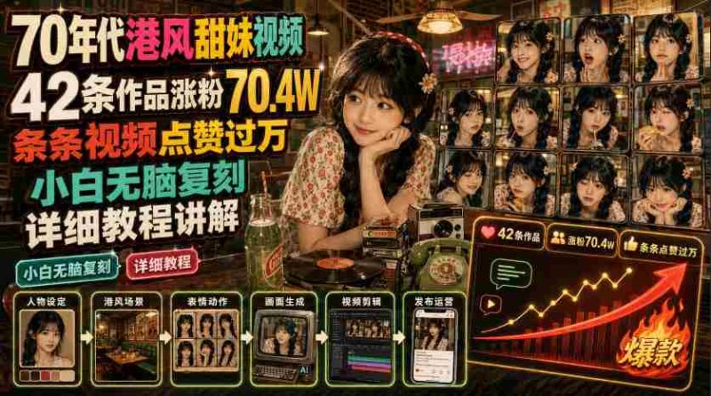 70年代港风甜妹视频,42条作品涨粉70.4W,条条视频点赞过万,小白无脑复刻,详细教程讲解-一起发