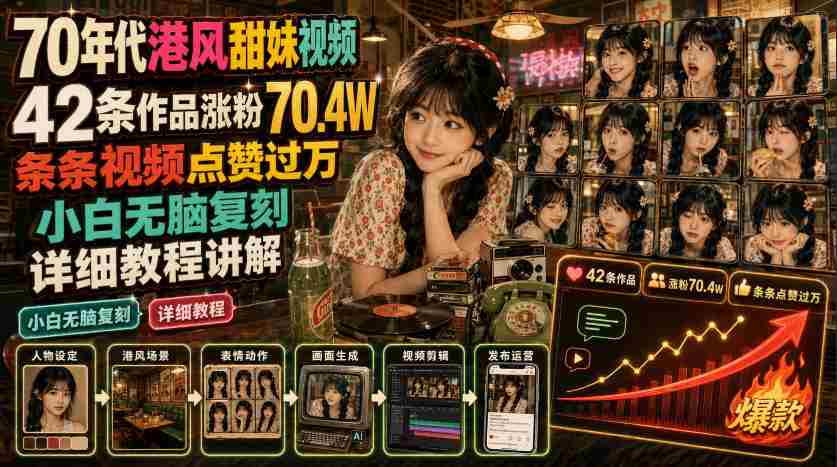 70年代港风甜妹视频,42条作品涨粉70.4W,条条视频点赞过万,小白无脑复刻,详细教程讲解