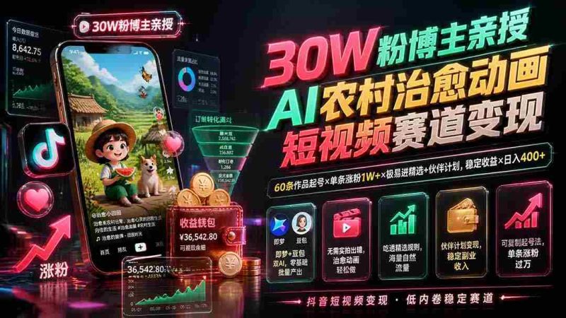 (19648期)30W粉博主亲授AI农村治愈动画短视频赛道变现:60条作品起号×单条涨粉1W+×极易进精选+伙伴计划,稳定收益×日入400+-一起发