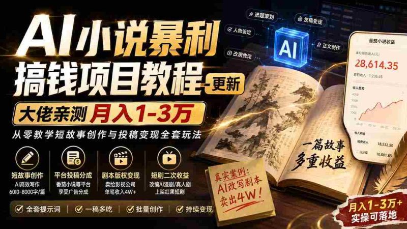 (20044期)AI小说暴利搞钱项目教程-更新,大佬亲测月入1-3万,从零教学短故事创作与投稿变现全套玩法-一起发