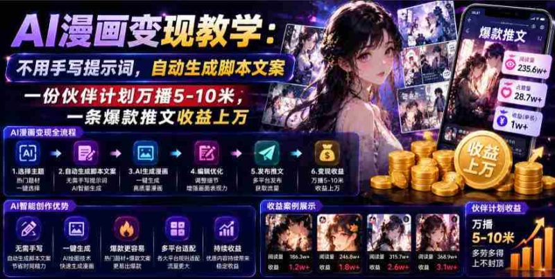 AI漫画变现教学:不用手写提示词,自动生成脚本文案,一份伙伴计划万播5-10米,一条爆款推文收益上W-一起发