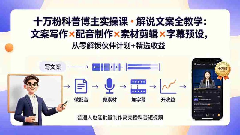 (19275期)10万粉科普博主实操课-解说文案全教学:文案写作×配音制作×素材剪辑×字幕预设,从零解锁伙伴计划+精选收益-一起发