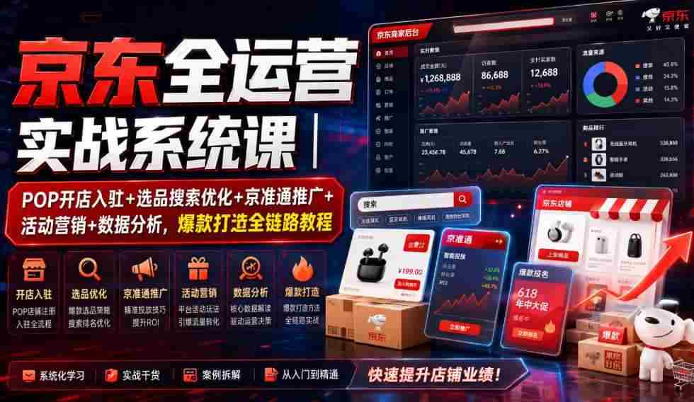 京东全运营实战系统课|POP开店入驻+选品搜索优化+京准通推广+活动营销+数据分析,爆款打造全链路教程