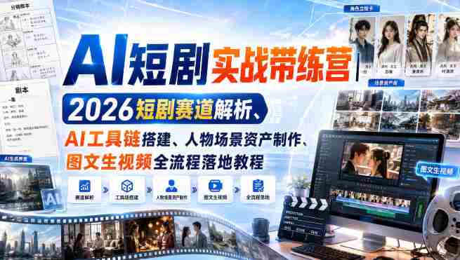 AI短剧实战带练营|2026短剧赛道解析、AI工具链搭建、人物场景资产制作、图文生视频全流程落地教程-一起发