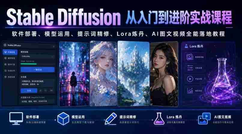 Stable Diffusion从入门到进阶实战课程｜软件部署、模型运用、提示词精修、Lora炼丹、AI图文视频全能落地教程-一起发