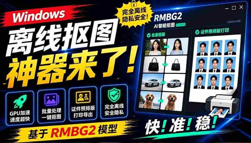 (19357期)Windows离线抠图神器来了!支持批量抠图 + 证件照排版打印,基于RMBG2模型,GPU加速 方块AI抠图-一起发