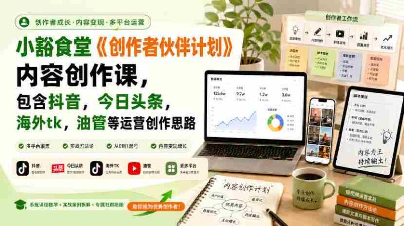 小豁食堂《创作者伙伴计划》内容创作课,包含抖音,今日头条,海外tk,油管等运营创作思路-一起发