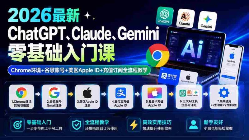 （19923期）2026最新ChatGPT、Claude、Gemini零基础入门课：Chrome环境+谷歌账号+美区Apple ID+充值订阅全流程教学-一起发