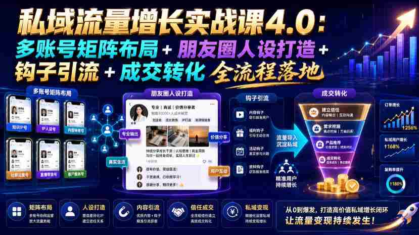 私域流量增长实战课4.0：多账号矩阵布局+朋友圈人设打造+钩子引流+成交转化全流程落地-一起发