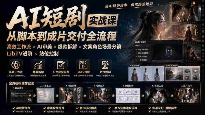 （19717期）AI短剧实战课：高效工作流×AI审美×爆款拆解×文案角色场景分镜×LibTV进阶×站位控制×从脚本到成片交付全流程-一起发