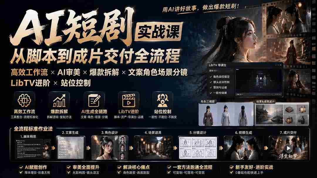 （19717期）AI短剧实战课：高效工作流×AI审美×爆款拆解×文案角色场景分镜×LibTV进阶×站位控制×从脚本到成片交付全流程-一起发