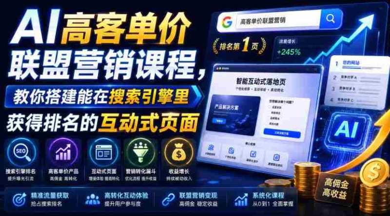 AI高客单价联盟营销课程,教你搭建能在搜索引擎里获得排名的互动式页面,引来流量,把访客转化为高佣金的成交【原创双语字幕】-一起发