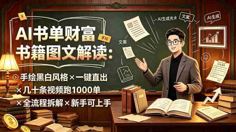 (19515期)AI书单财富书籍图文解读:手绘黑白风格×一键直出×几十条视频跑1000单×全流程拆解×新手可上手-一起发