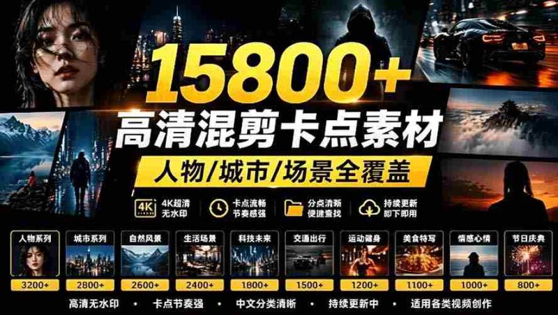 (19120期)【影视剪辑素材合集】15800+高清混剪卡点|热门影视精彩片段|人物/城市/场景全覆盖,中文分类清晰-一起发