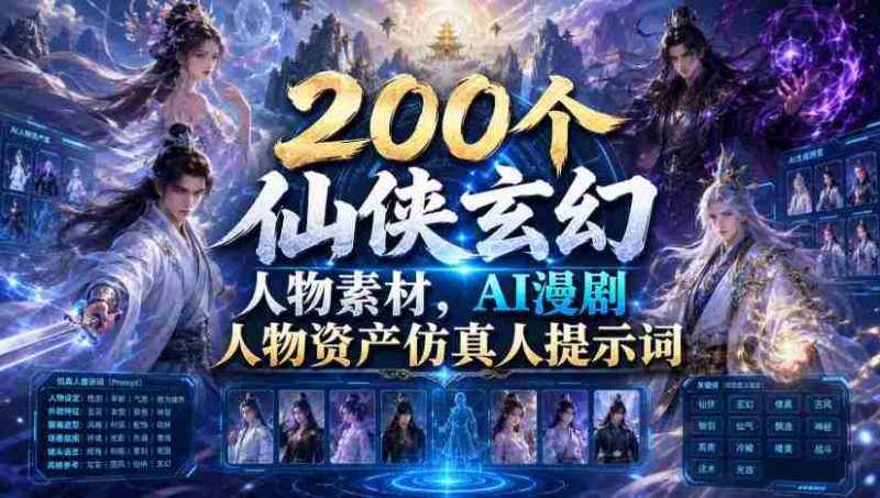200个仙侠玄幻人物素材,AI漫剧人物资产仿真人提示词-一起发