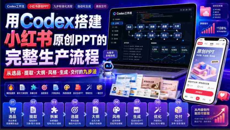 用Codex搭建小红书原创PPT的完整生产流程，从选品·提取·大纲·风格·生成·交付的九步法-一起发