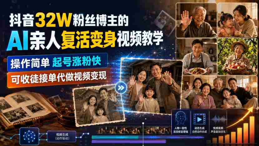抖音32W粉丝博主的AI亲人复活变身视频教学，操作简单，起号涨粉快，可收徒接单代做视频变现-一起发