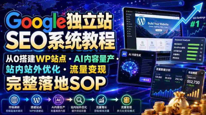 Google独立站SEO系统教程,从0搭建WP站点・AI内容量产・站内站外优化・流量变现完整落地SOP(2026年7月)-一起发