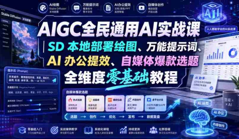 AIGC全民通用AI实战课|SD本地部署绘图、万能提示词、AI办公提效、自媒体爆款选题全维度零基础教程-一起发