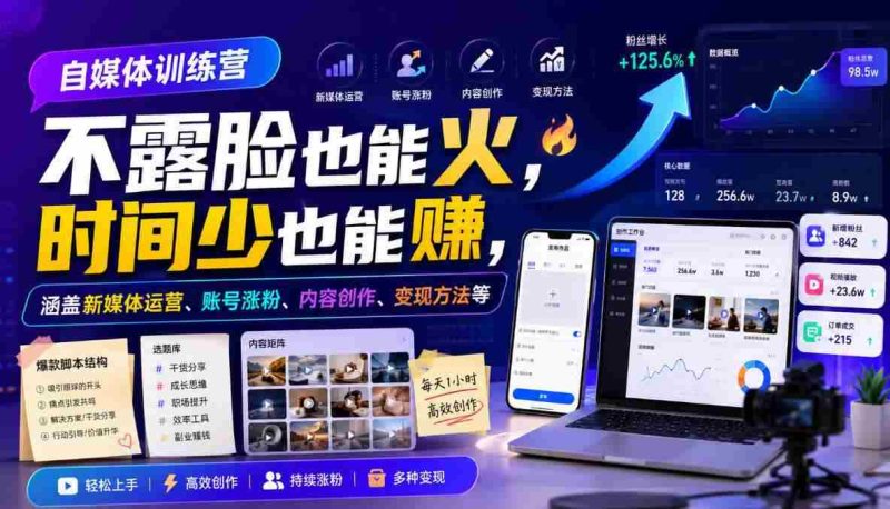 自媒体训练营,不露脸也能火,时间少也能賺,涵盖新媒体运营、账号涨粉、内容创作、变现方法等-一起发