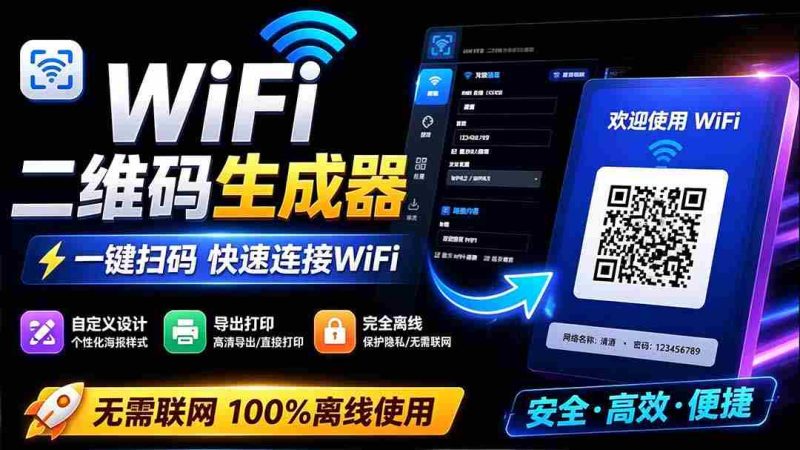 (19566期)完全离线使用!WiFi二维码生成器,一键扫码快速连接WiFi,支持自定义风格导出 WiFi二维码生成器-一起发