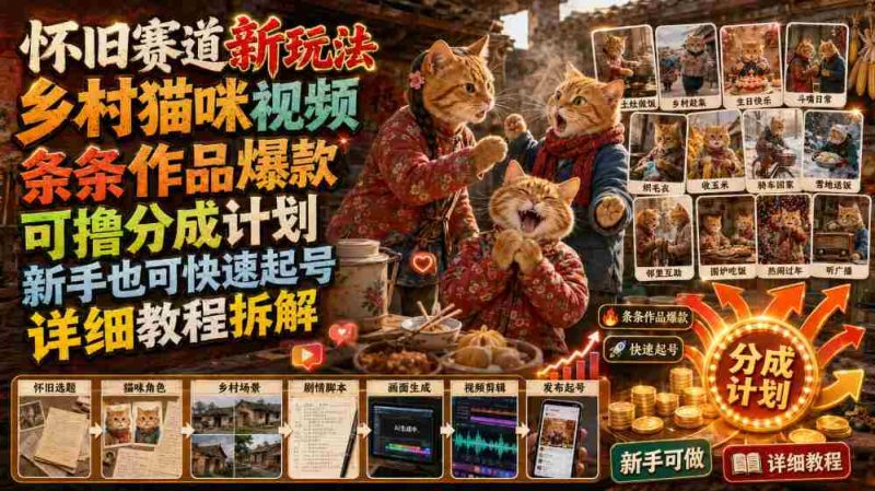 怀旧赛道新玩法，乡村猫咪视频，条条作品爆款，可撸分成计划，新手也可快速起号，详细教程拆解-一起发