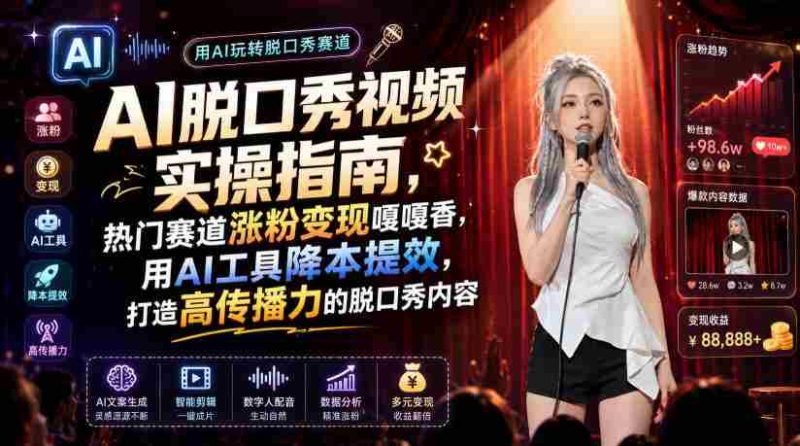 AI脱口秀视频实操指南,热门赛道涨粉变现嘎嘎香,用AI工具降本提效,打造高传播力的脱口秀内容-一起发