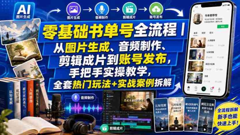 零基础书单号全流程|从图片生成、音频制作、剪辑成片到账号发布,手把手实操教学,全套热门玩法+实战案例拆解-一起发